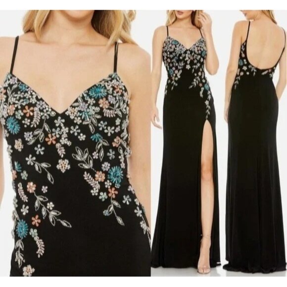 Mac Duggal Dresses & Skirts - Mac Duggal 42006 Black Jersey Maxi Gown Stretch Floral Crystal Embellished Sz. 6